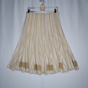 Multiples Full Midi Skirt 8 White Beige Stripe Gauze Cotton Lace Coastal Cowgirl